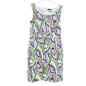 Tahari Sheath Geometric Retro Print Sleeveless Lined Sun Dress W/ Pockets Sz 10